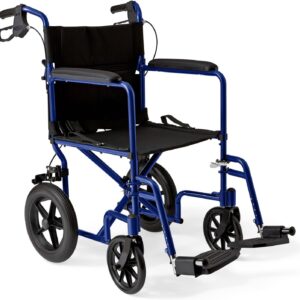 Lightweight Folding Transport Wheelchair with Hand Brakes & 12-Inch Rear Wheels – Blue Frame, Black Seat
